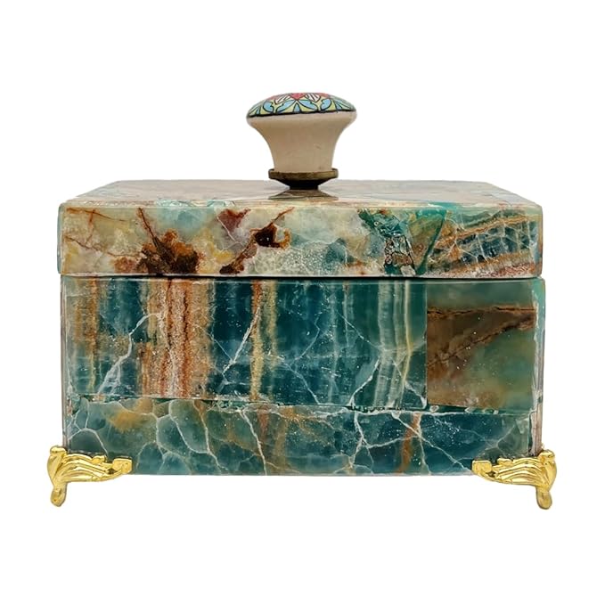 Natural Amazonite Multipurpose Box With Blue Pottery Knob And Golden Base